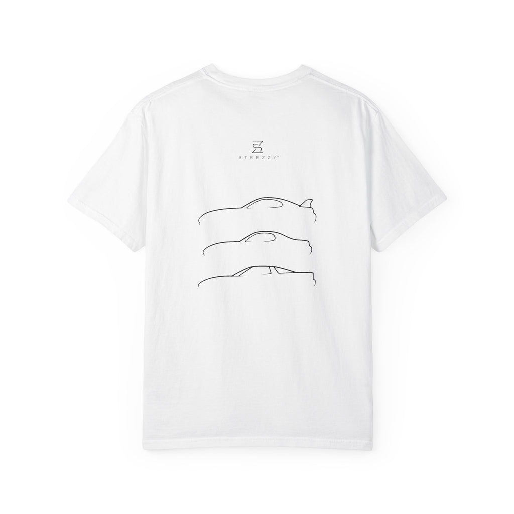 White T-shirt with minimalist sports car line-art graphic on back