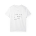 White T-shirt with minimalist sports car line-art graphic on back