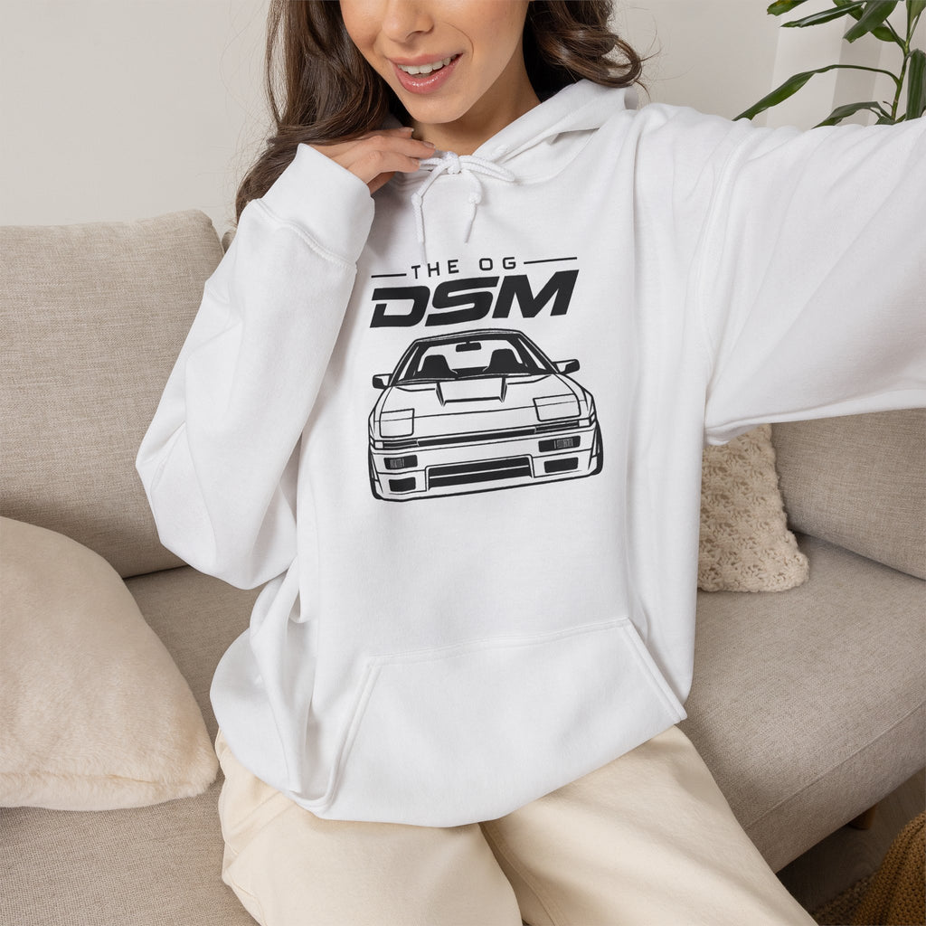 White pullover hoodie worn with front car logo graphic; drawstring hood and pocket.