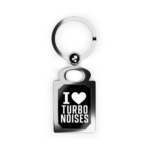Turbo noises keychain with silver ring and black 'I ♥ TURBO NOISES' charm