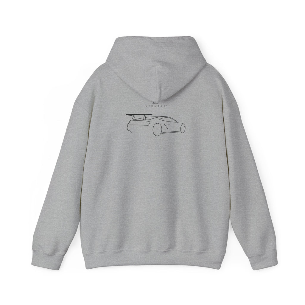 Sport grey hoodie with car line-art graphic on the back, pullover hood and cuffs