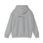 Sport grey hoodie with car line-art graphic on the back, pullover hood and cuffs