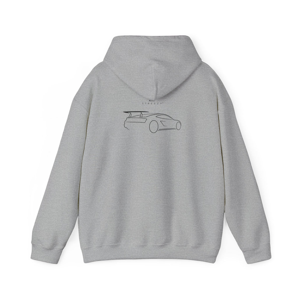 Sport grey hoodie with car line-art graphic on the back, pullover hood and cuffs