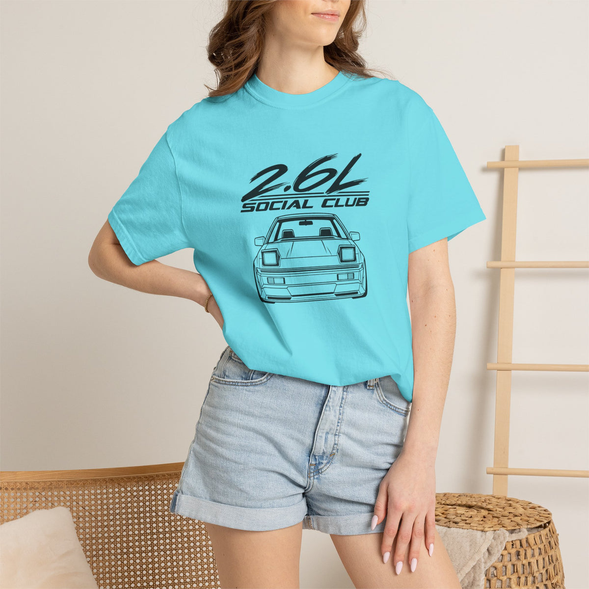 Lagoon blue JDM T-shirt with 2.6L Social Club car graphic on front