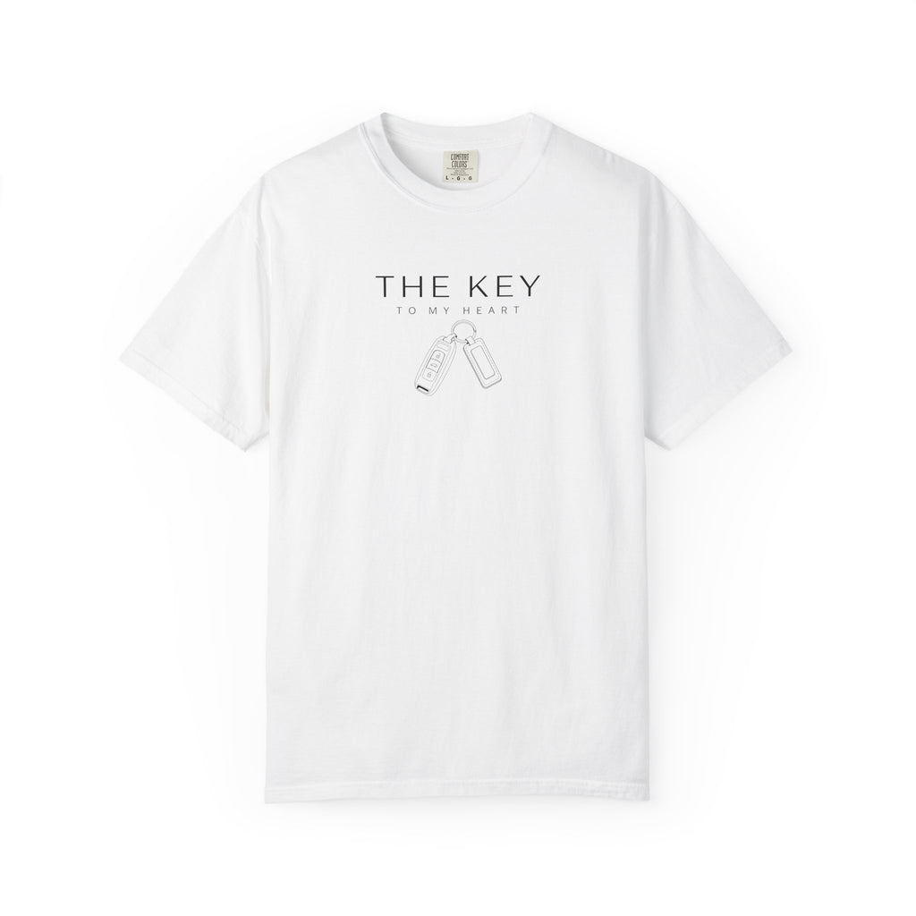 White crew-neck T-shirt with 'THE KEY' and 'TO MY HEART' text and key graphic.