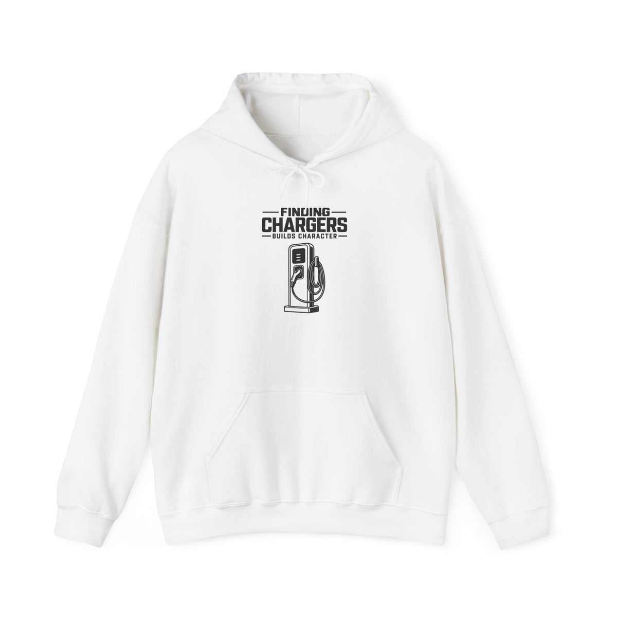 White pullover hoodie with drawstring hood, front pocket, and chest logo