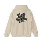 Sand pullover hoodie with centered back graphic text