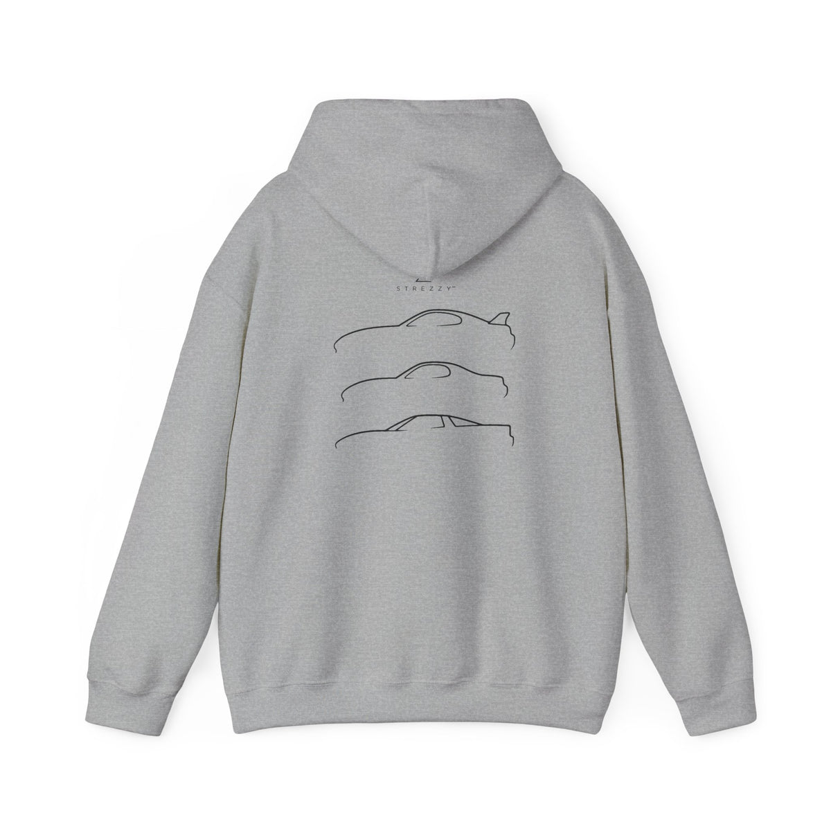 Sport grey pullover hoodie with three line car graphics on back
