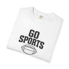 White football T-shirt close-up of Go Sports logo and football emblem