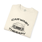 Ivory crew-neck T-shirt front with “Car Wash Therapy” car graphic, angled