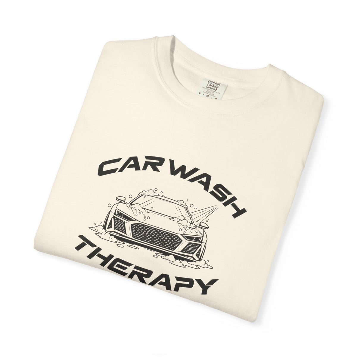 Ivory crew-neck T-shirt front with “Car Wash Therapy” car graphic, angled