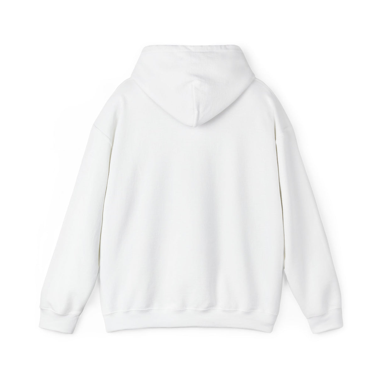 White pullover hoodie with hood and long sleeves, back view, no front graphic visible.