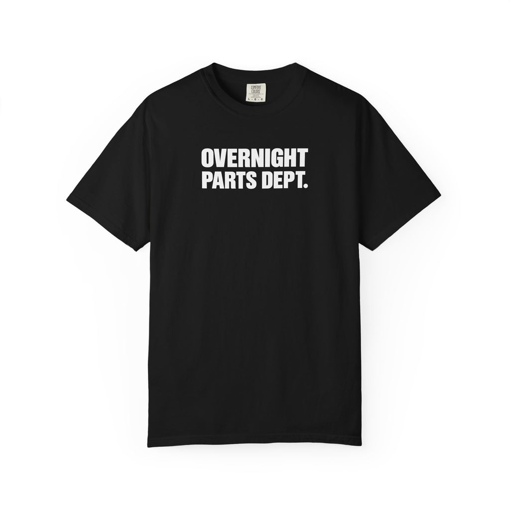 Black crew-neck T-shirt with bold "OVERNIGHT PARTS DEPT." logo on the front