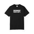 Black crew-neck T-shirt with bold "OVERNIGHT PARTS DEPT." logo on the front