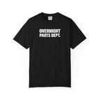 Black crew-neck T-shirt with bold "OVERNIGHT PARTS DEPT." logo on the front