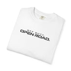 White crew-neck t-shirt with 'Off Duty Open Road' graphic print