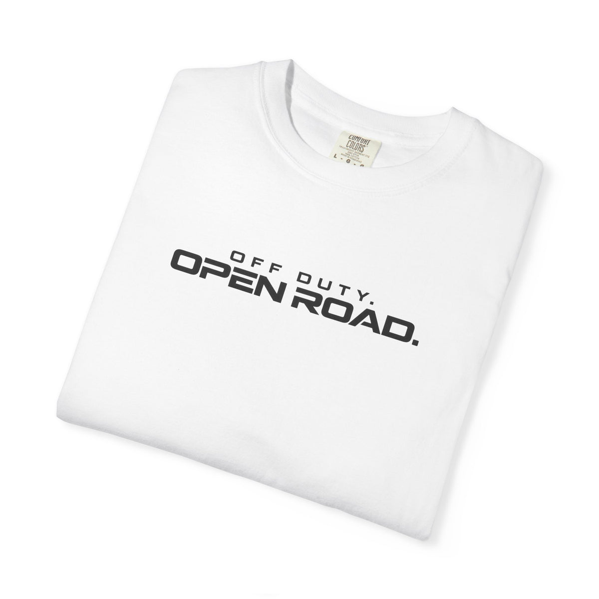 White crew-neck t-shirt with 'Off Duty Open Road' graphic print