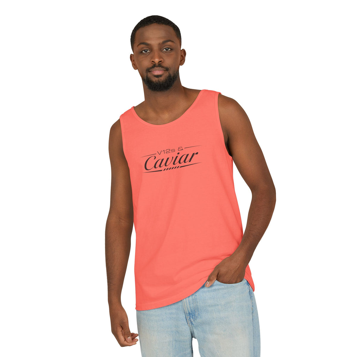 Model wearing coral tank top with “V12s Caviar” front graphic