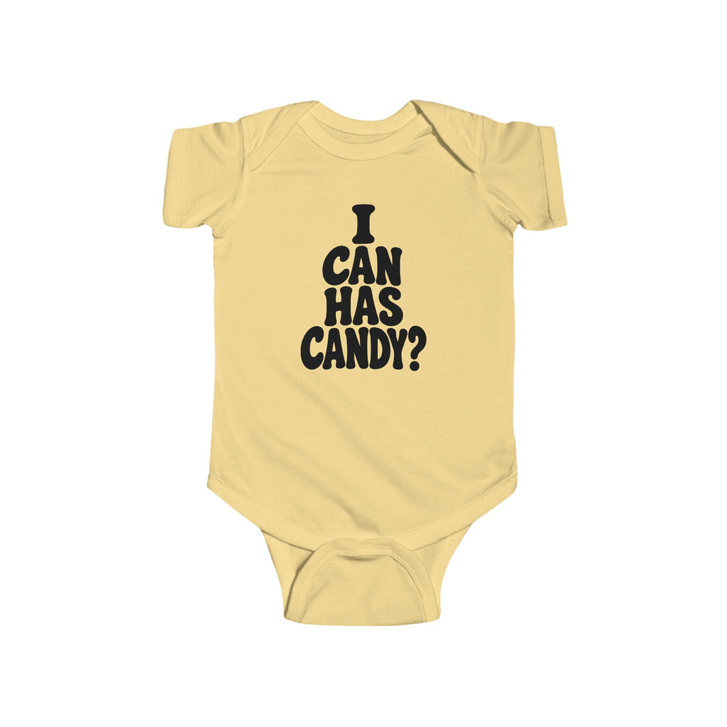 Butter yellow baby bodysuit with black “I CAN HAS CANDY?” graphic on the chest