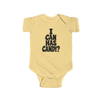 Butter yellow baby bodysuit with black “I CAN HAS CANDY?” graphic on the chest