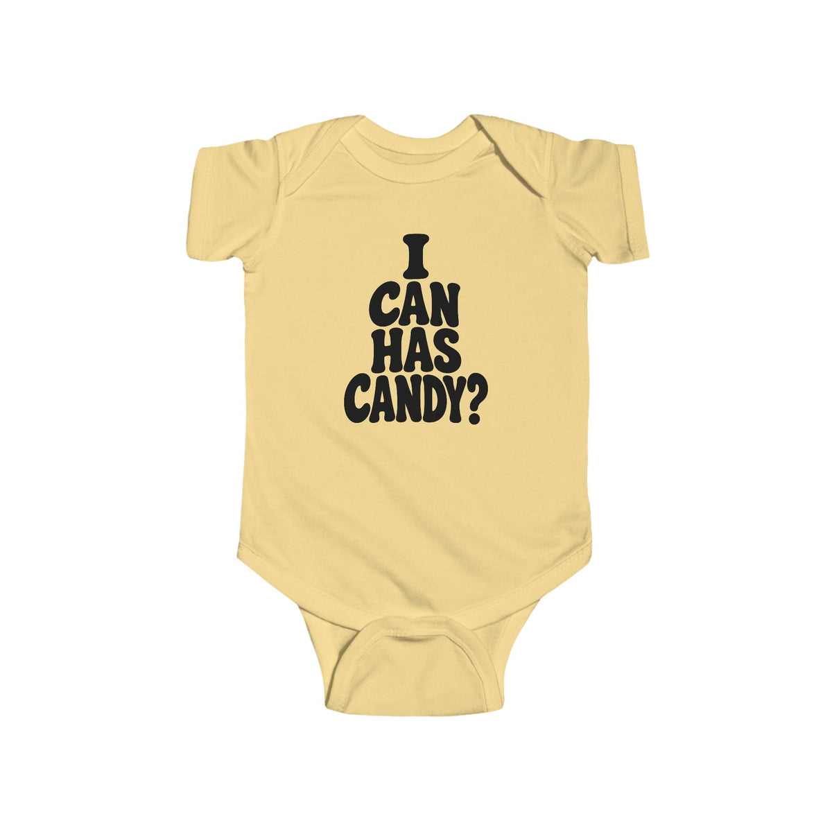 Butter yellow baby bodysuit with black “I CAN HAS CANDY?” graphic on the chest