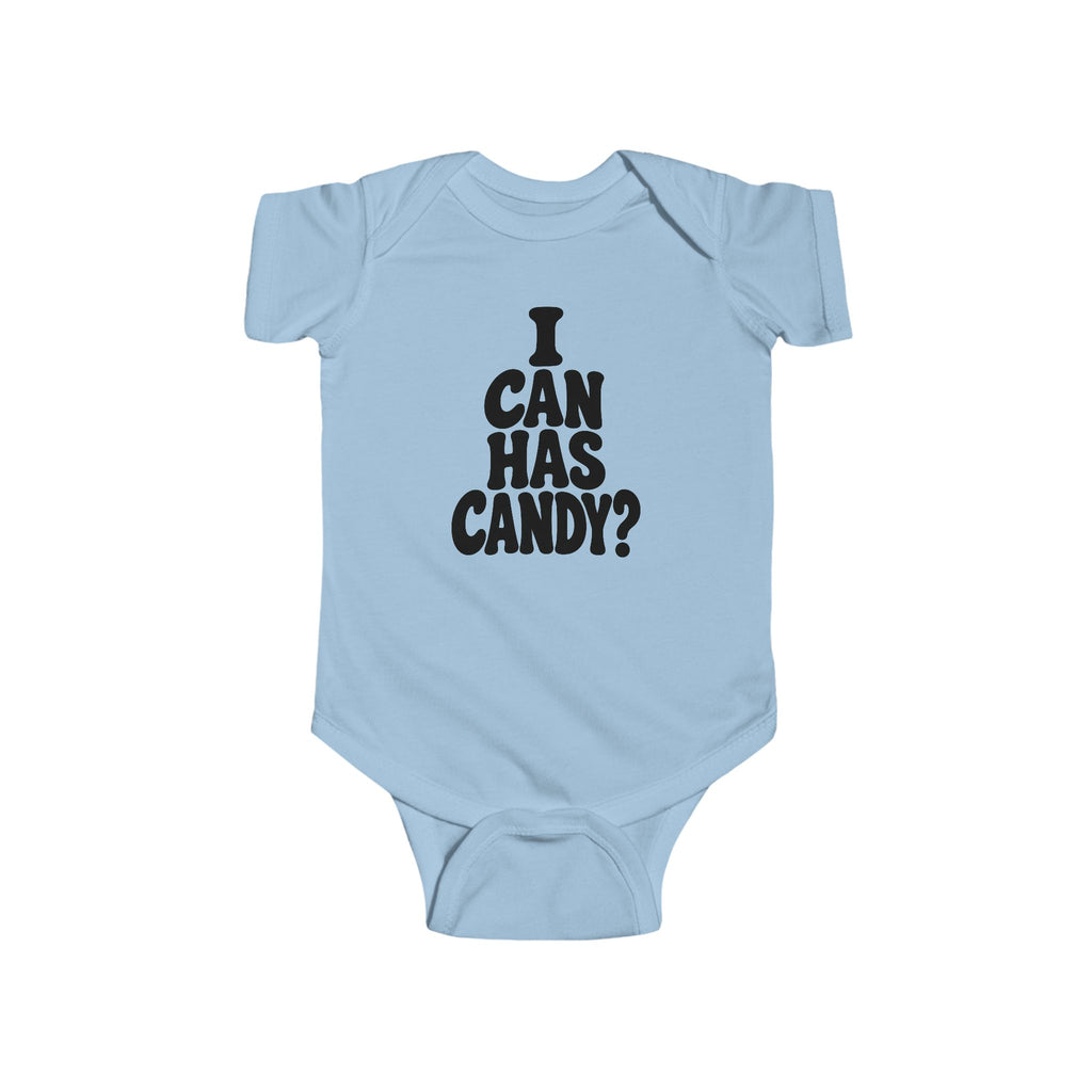 Light blue baby bodysuit with black “I CAN HAS CANDY?” graphic on the chest