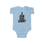 Light blue baby bodysuit with black “I CAN HAS CANDY?” graphic on the chest