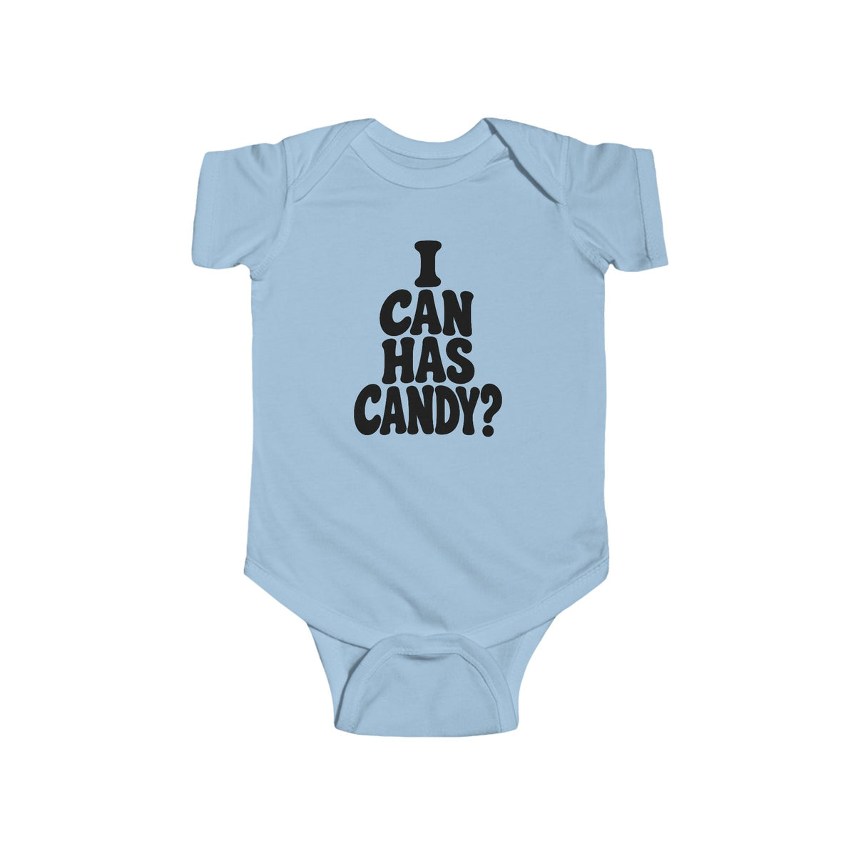 Light blue baby bodysuit with black “I CAN HAS CANDY?” graphic on the chest