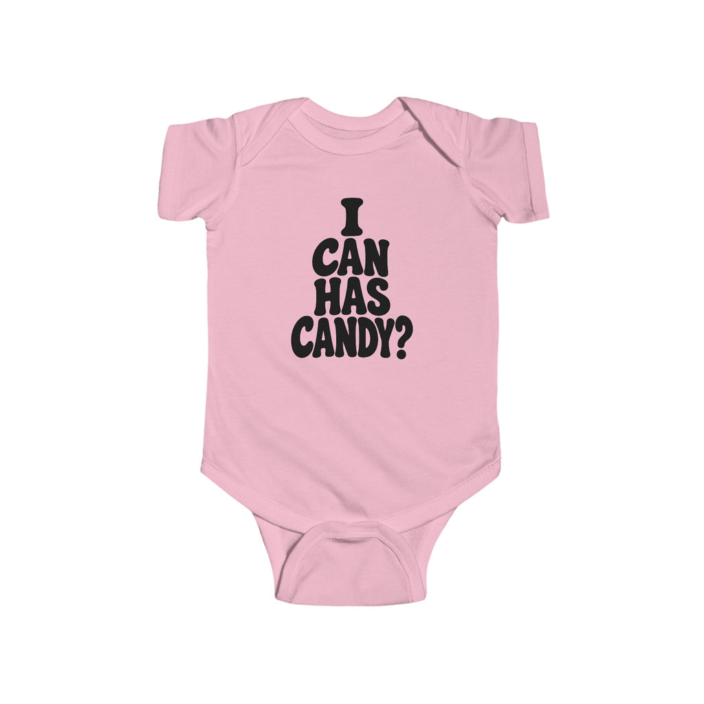 Pink baby bodysuit with black “I CAN HAS CANDY?” graphic on the chest