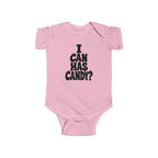 Pink baby bodysuit with black “I CAN HAS CANDY?” graphic on the chest