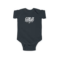 Dark charcoal baby short-sleeve bodysuit with chest graphic logo