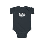 Dark charcoal baby short-sleeve bodysuit with chest graphic logo