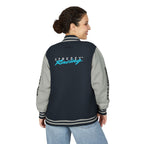 Racing varsity jacket back view, dark navy body with heather gray sleeves; striped ribbed cuffs