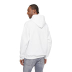 White pullover hoodie, hooded back view with sleeves and front hem