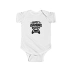 White baby short-sleeve bodysuit with 'Daddy's Gaming Buddy' controller graphic