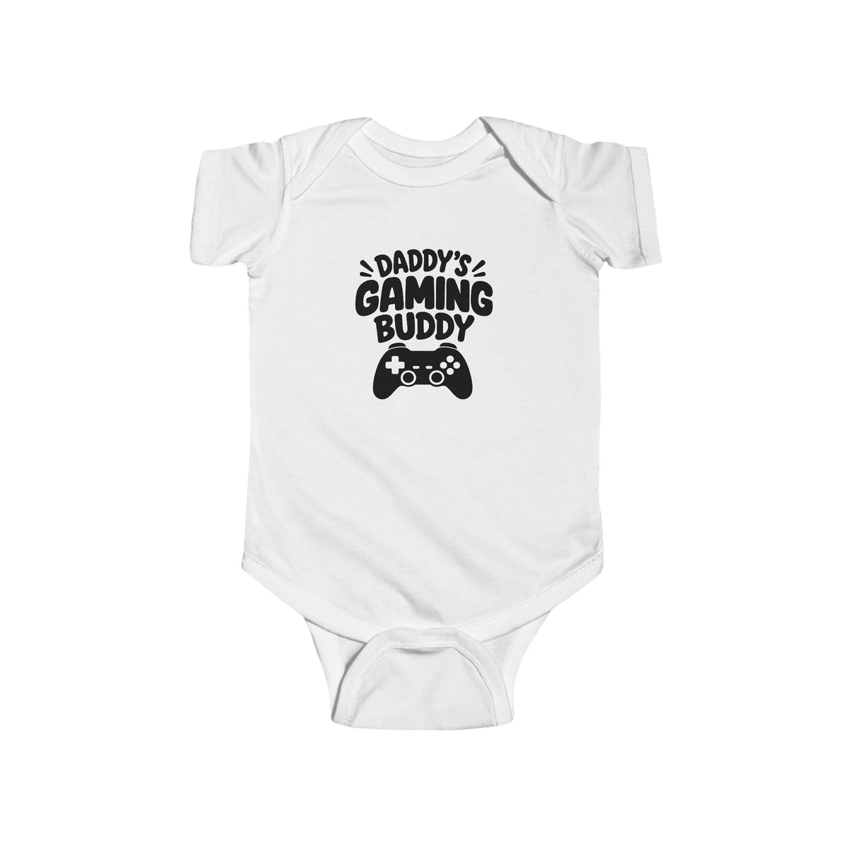 White baby short-sleeve bodysuit with 'Daddy's Gaming Buddy' controller graphic