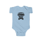 Light blue baby short-sleeve bodysuit with 'Daddy's Gaming Buddy' controller graphic