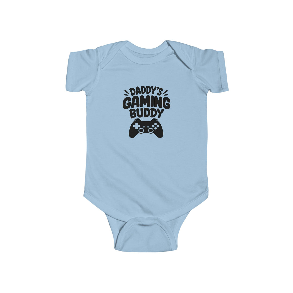 Light blue baby short-sleeve bodysuit with 'Daddy's Gaming Buddy' controller graphic