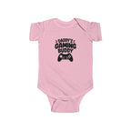 Pink baby short-sleeve bodysuit with 'Daddy's Gaming Buddy' controller graphic