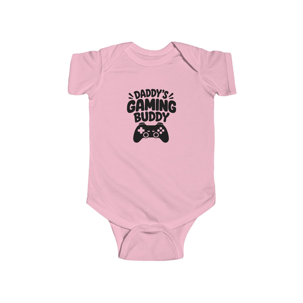Pink baby short-sleeve bodysuit with 'Daddy's Gaming Buddy' controller graphic