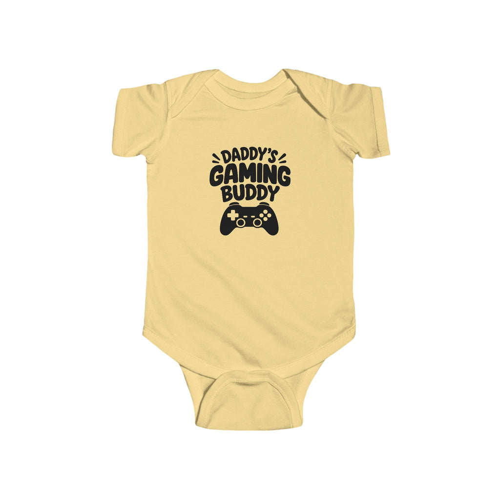 Butter-yellow baby short-sleeve bodysuit with 'Daddy's Gaming Buddy' controller graphic