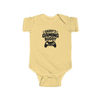 Butter-yellow baby short-sleeve bodysuit with 'Daddy's Gaming Buddy' controller graphic