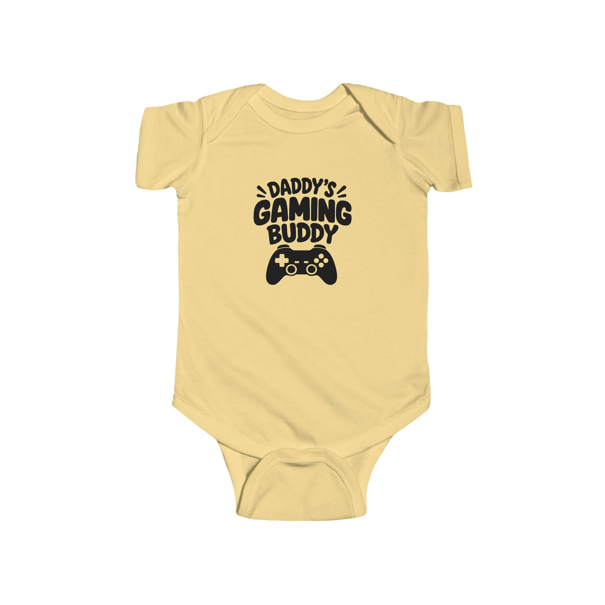 Butter-yellow baby short-sleeve bodysuit with 'Daddy's Gaming Buddy' controller graphic
