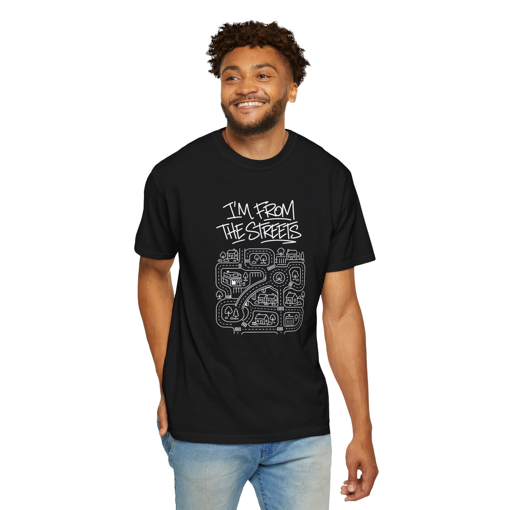 Black T-shirt with "I'm From The Streets" street-map graphic on front