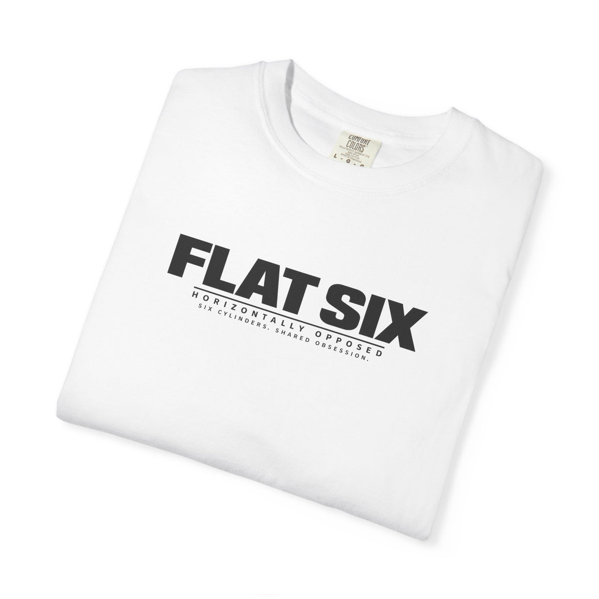 White crew-neck T-shirt with Flat Six logo text graphic on the front.