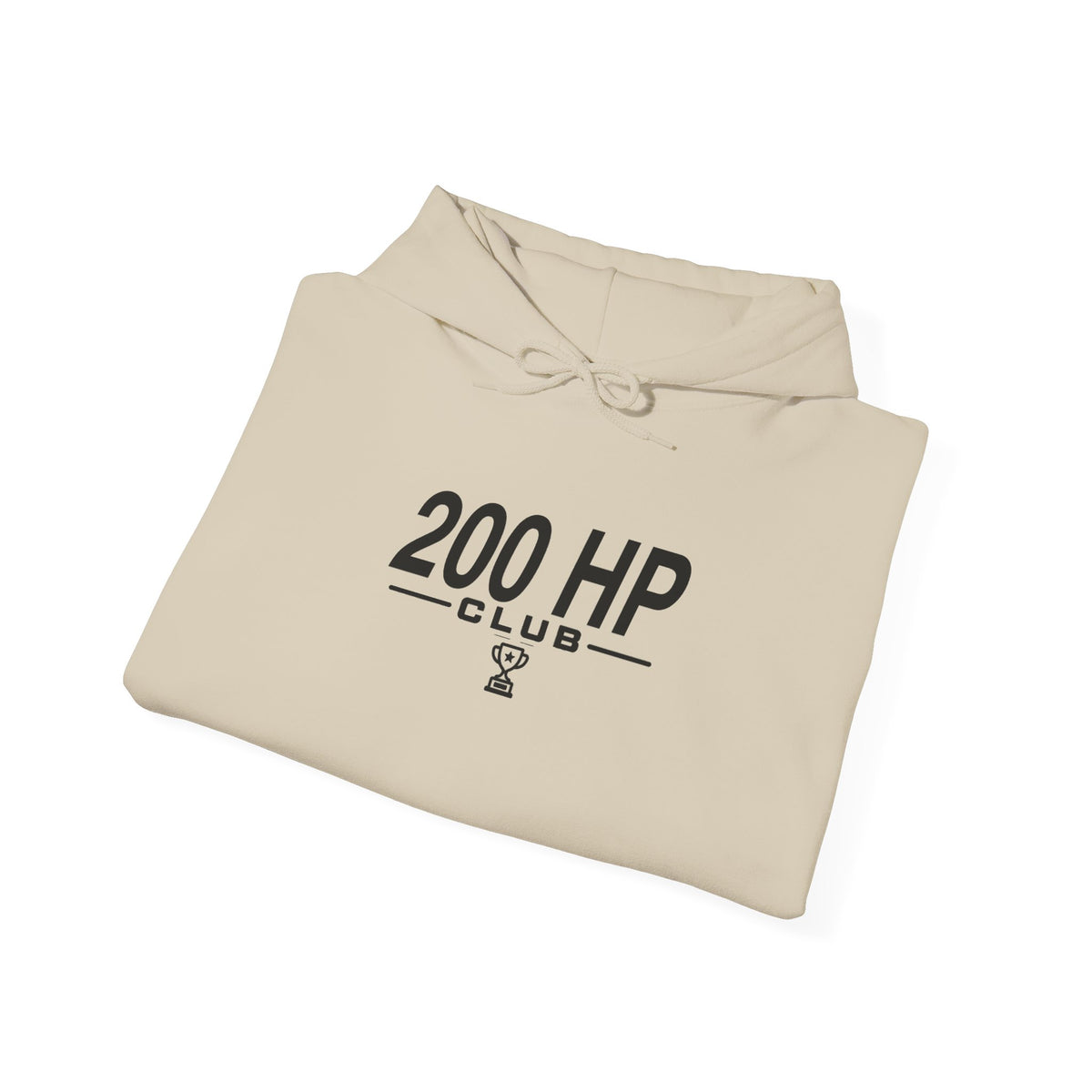 Sand 200 HP Club hoodie folded flat with hood and drawstrings
