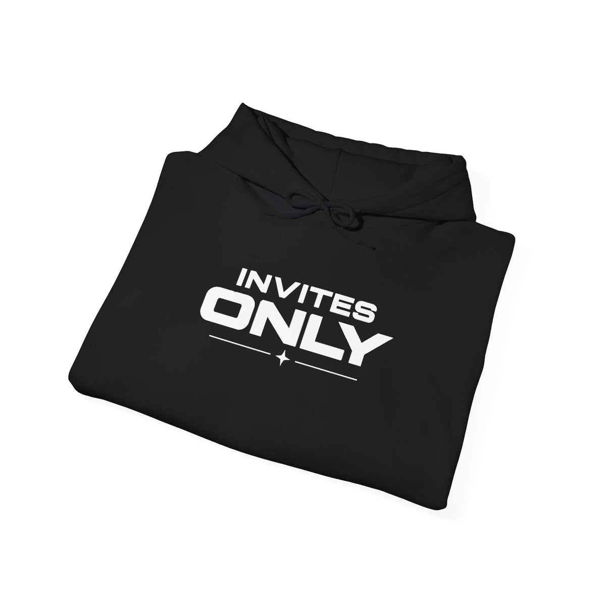 Black hoodie folded with "INVITES ONLY" logo print visible