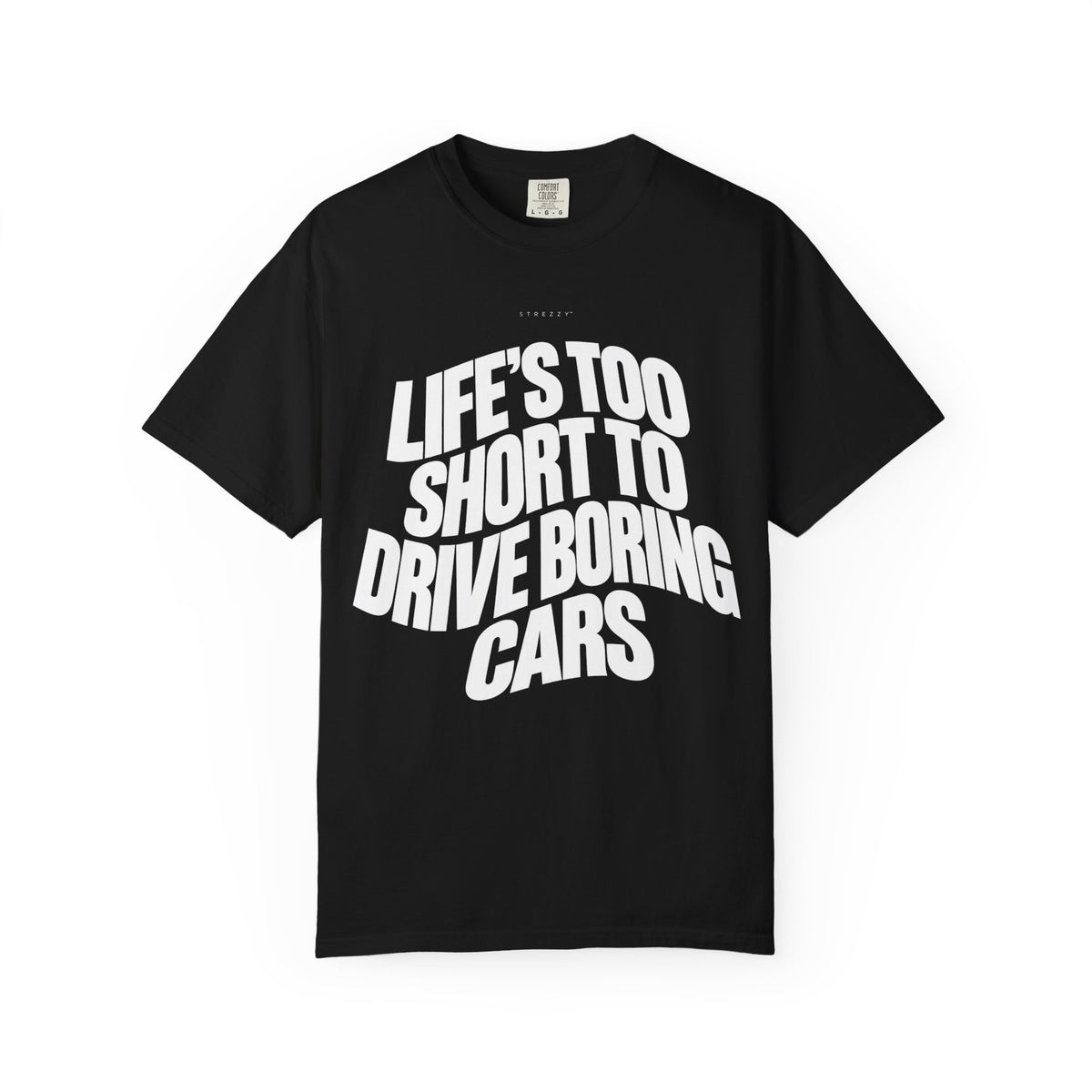 Black short-sleeve graphic T-shirt with bold stacked slogan front print