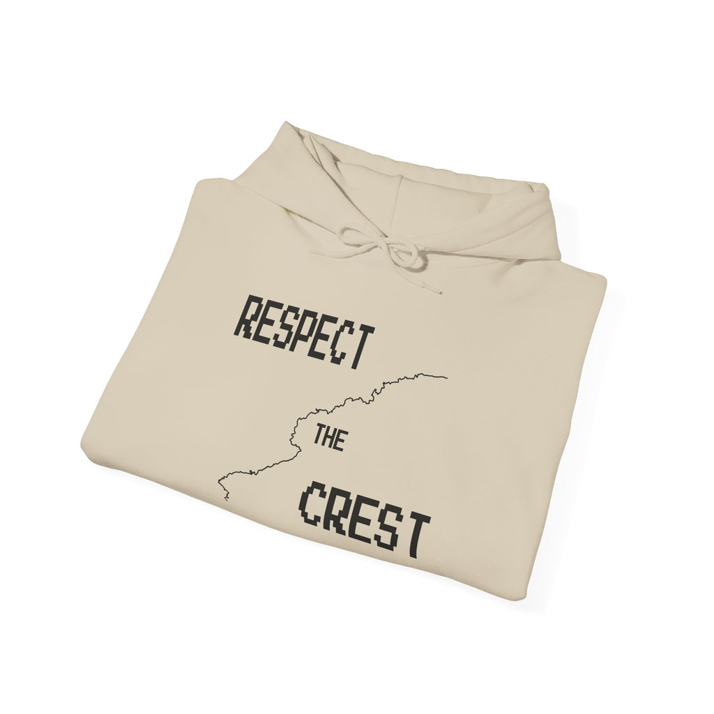 Light beige pullover hoodie folded flat with front graphic print and drawstring hood
