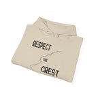 Light beige pullover hoodie folded flat with front graphic print and drawstring hood
